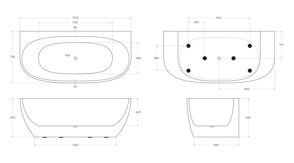 BelBagno Ванна акриловая пристенная 170x80 см, без перелива, цвет: белый глянцевый Bb83-1700-W0
