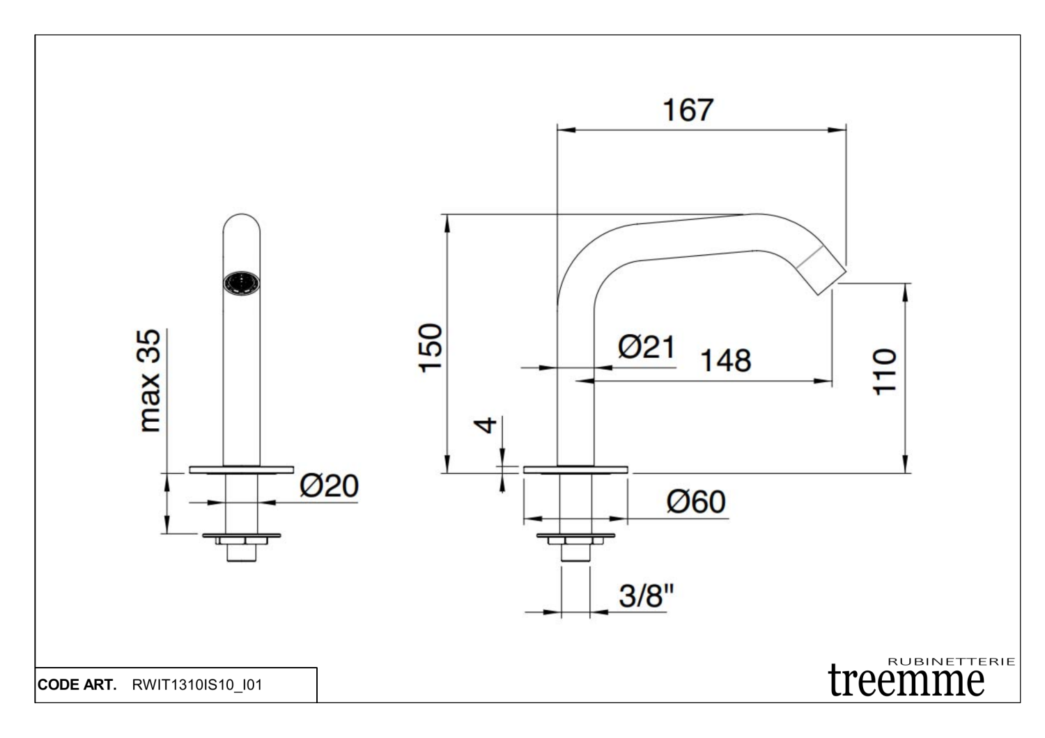 Treemme 40mm Излив для раковины 6 см, цвет: нержавеющая сталь RWIT1310IS10