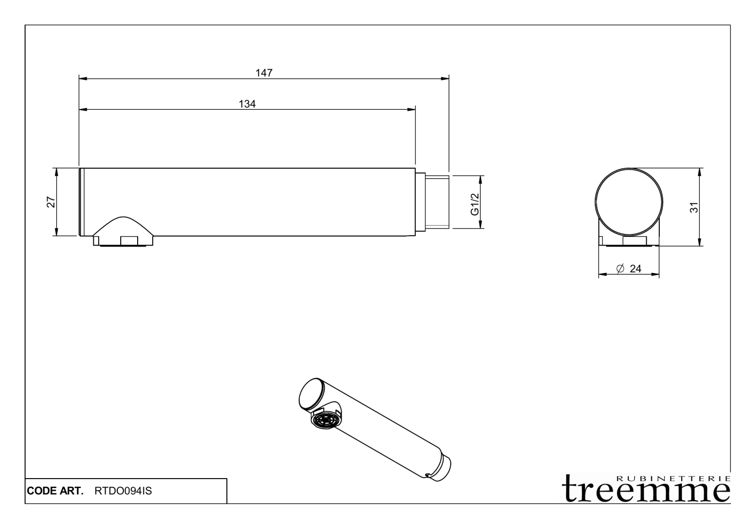 Treemme 22mm Ручной душ, 1 вид струи, цвет: нержавеющая сталь ITRTDO094IS