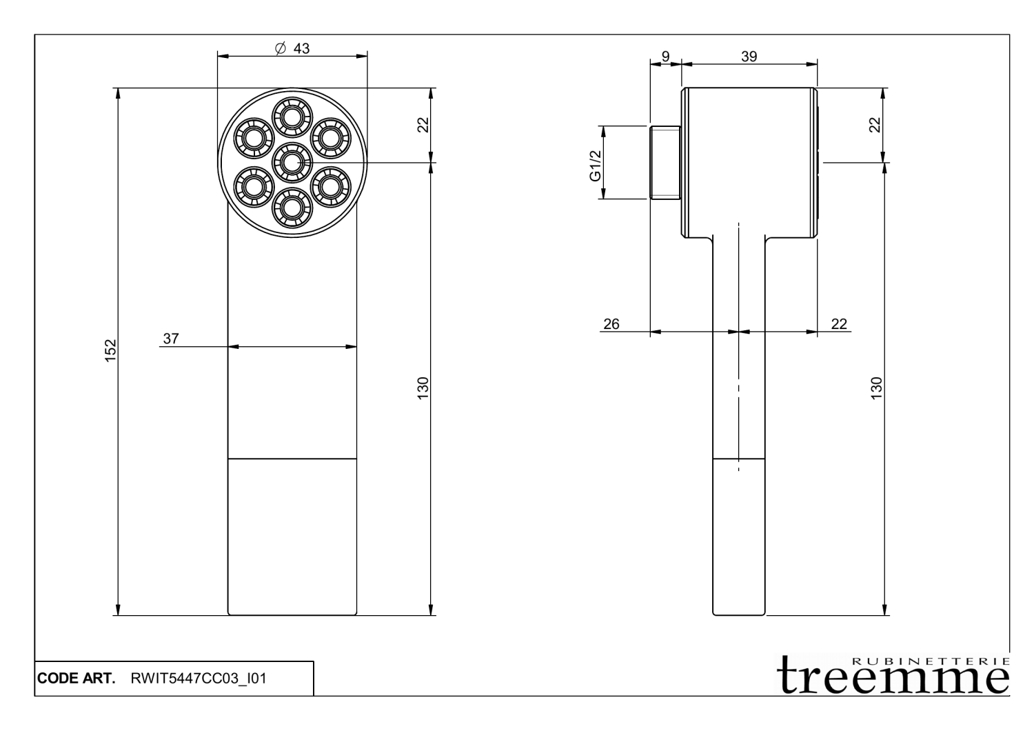 Treemme Nanotech Ручной душ, 1 вид струи, цвет: chrome RWIT5447CC03