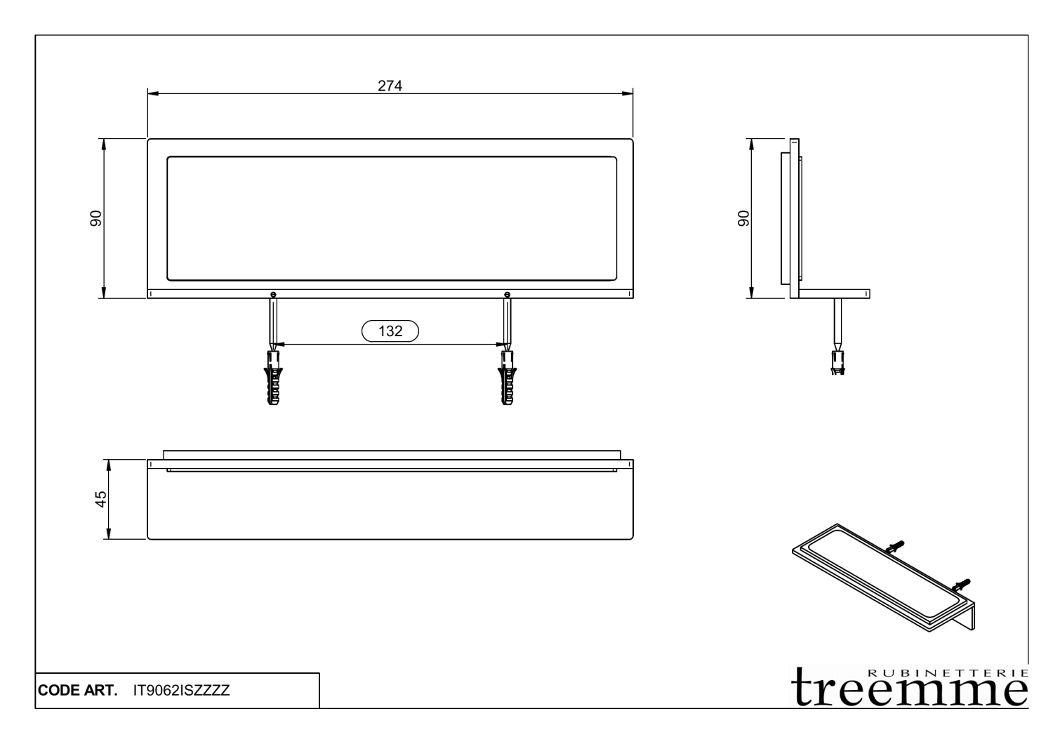 Treemme 22mm Полка подвесная 27,4 см, цвет: нержавеющая сталь IT9062ISZZZZ