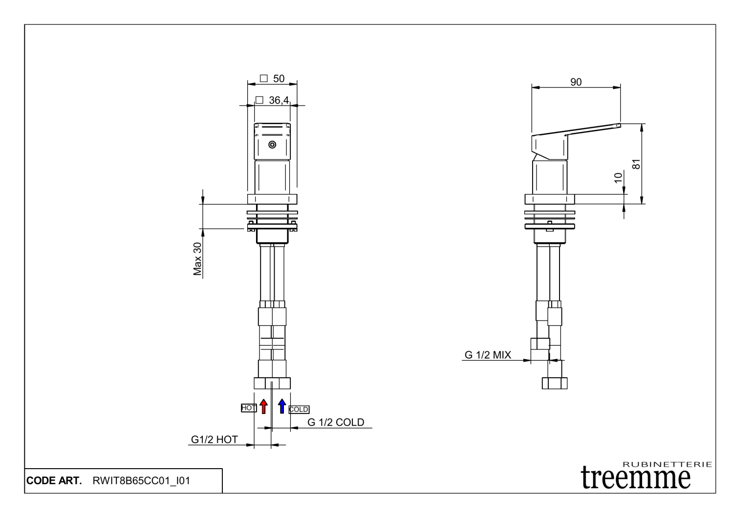 Treemme PA36 Ручка управления изливом на столешницу, цвет: chrome RWIT8B65CC01