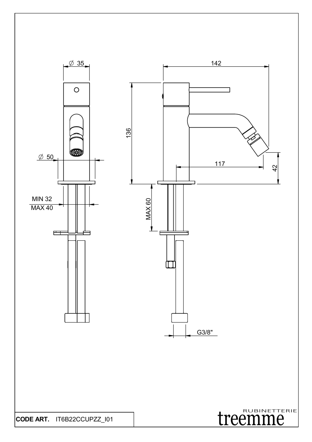 Treemme Up+ Смеситель для биде, без донного клапана, цвет: chrome IT6B22CCUPZZ