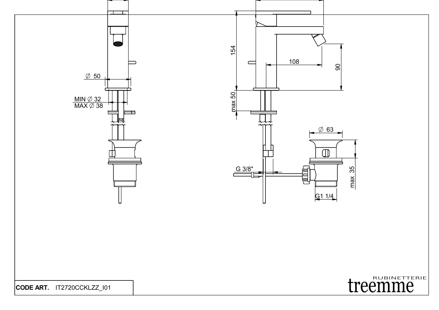 Treemme Klab Смеситель для биде, с донным клапаном, цвет: chrome IT2720CCKLZZ