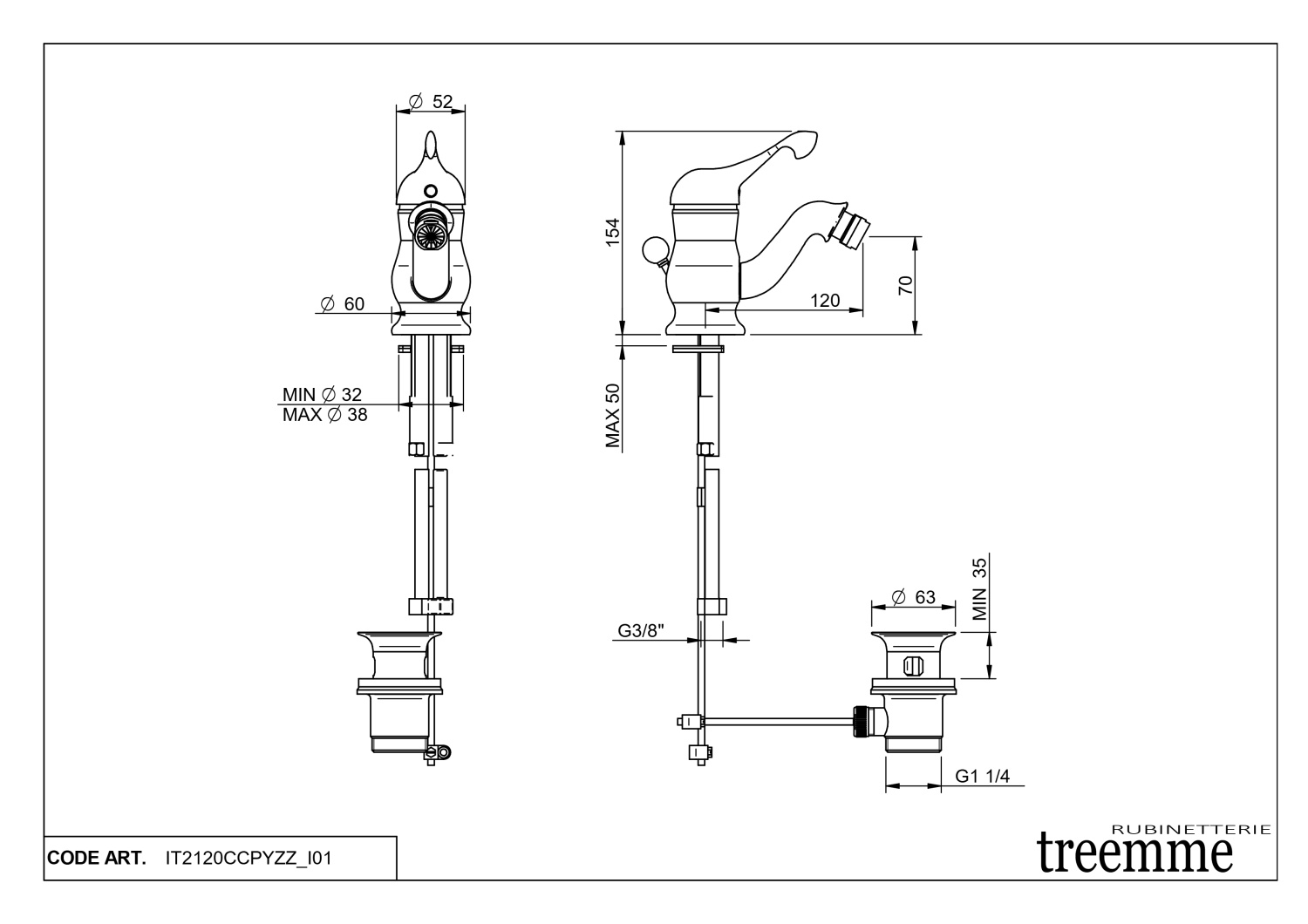 Treemme Piccadilly Смеситель для биде, с донным клапаном, цвет: chrome IT2120CCPYZZ