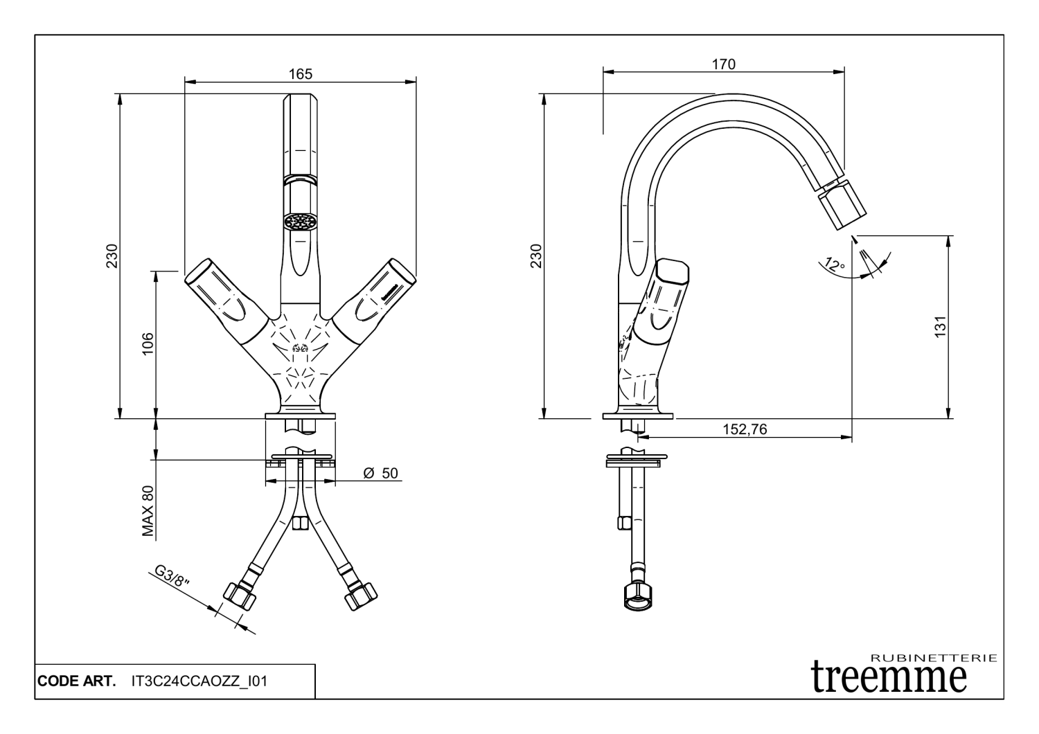 Treemme Appia Смеситель для биде, без донного клапана, цвет: chrome IT3C24CCAOZZ