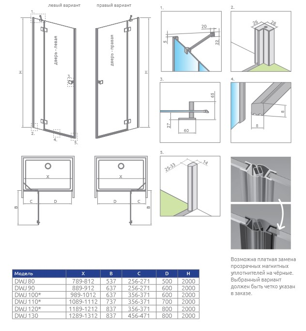 Radaway Essenza 8 DWJ Боковая стенка, прозрачная 8 мм, Easy Clean 33,7х200h см, цвет: black 10460337-54-01L