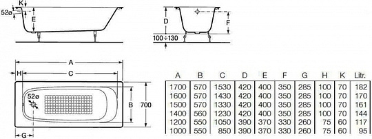 Roca Continental Ванна чугунная 170х70 см, без ножек, цвет: белый глянцевый 21291100R