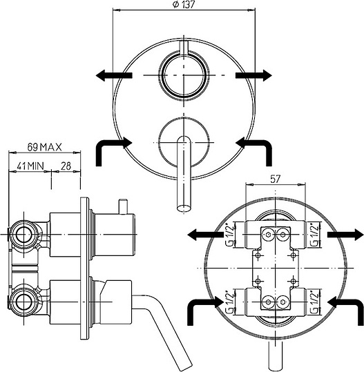 Paini Pixel Смеситель для душа термостатический, на 2 потребителя, с внутренней частью, цвет: хром 81CR6911NEW