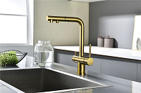 Paulmark Serpentine Смеситель для кухни с выдвижным изливом и подключ. фильтра, цвет: браш. золото Se213222-BG