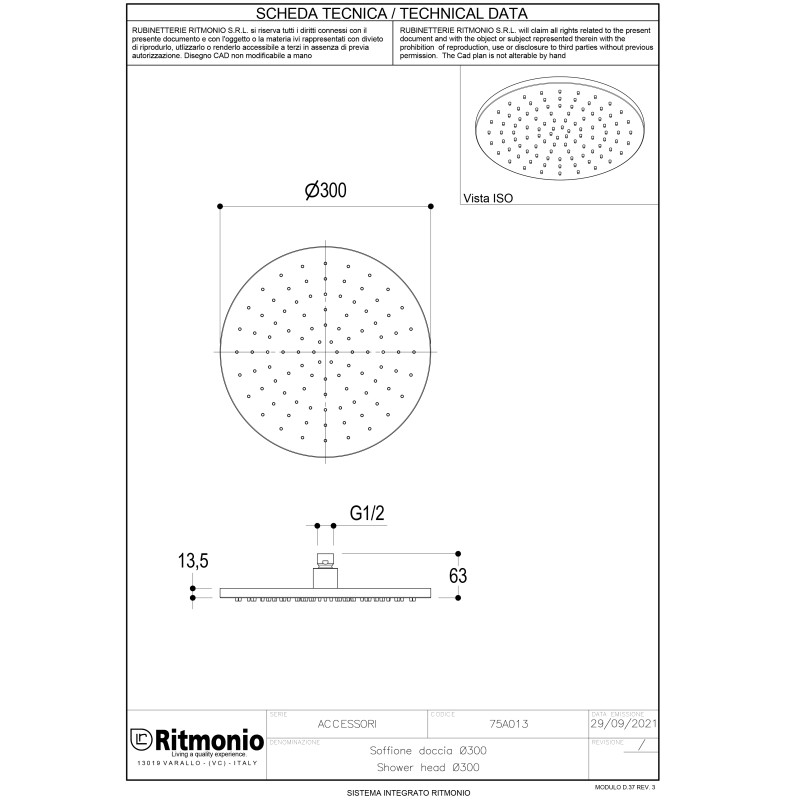 Ritmonio Верхний душ круглый d30 см, с 1 видом струи, цвет: crl chrome 75A013CRL