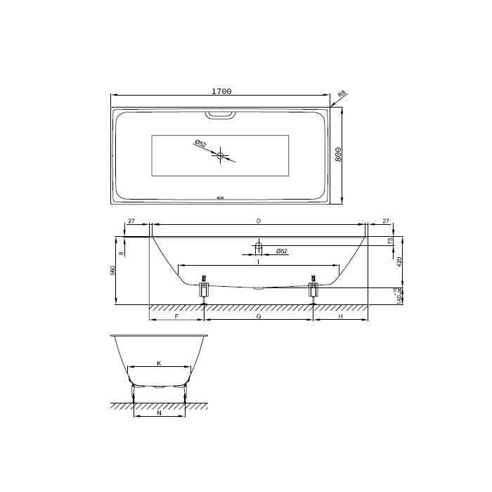 Bette Ванна стальная встраиваемая 170x80 см, с шумоизоляцией, BetteGlasur Plus, цвет: белый 3171-000 PLUS