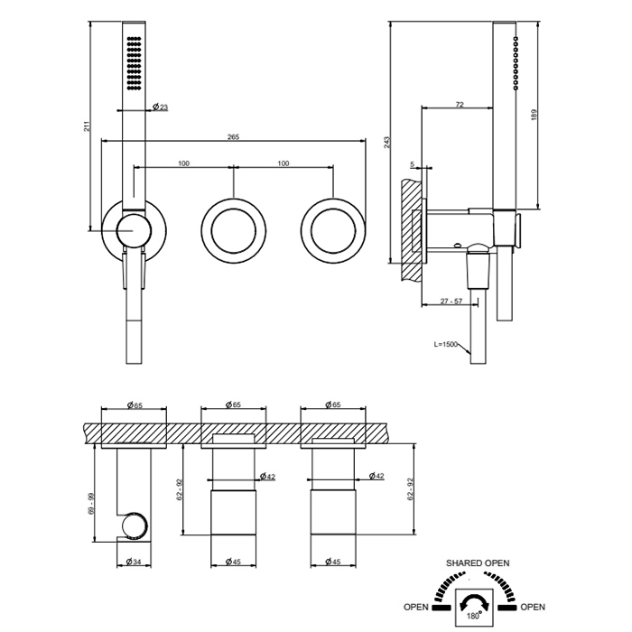 Gessi Habito Смеситель для душа встраиваемый, внешняя часть, с ручным душем, цвет: chrome 70038#031