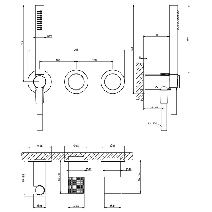 Gessi Habito Смеситель для душа встраиваемый, внешняя часть, с ручным душем, цвет: chrome 70438#031