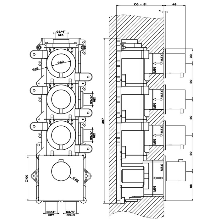 Gessi 316 Смеситель для душа термостатический 3 потребителя, встраиваемый, цвет: matte black 54506#299