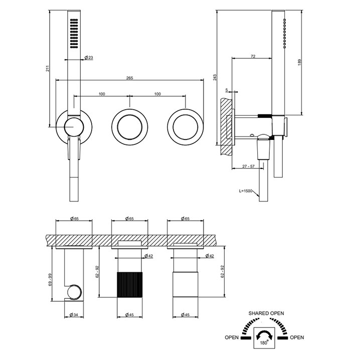 Gessi Habito Смеситель для душа встраиваемый, внешняя часть, с ручным душем, цвет: chrome 70538#031