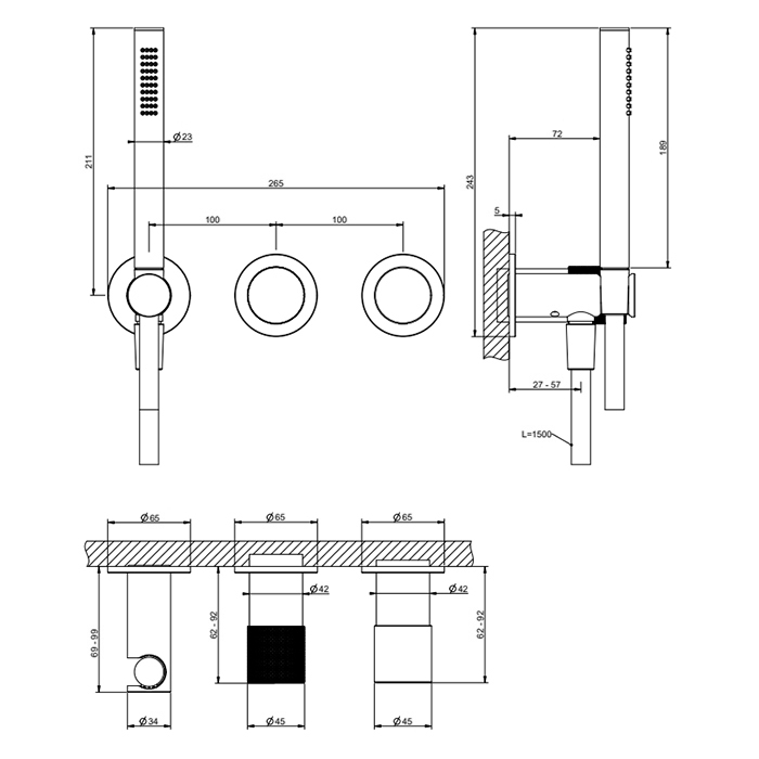 Gessi Habito Смеситель для душа встраиваемый, внешняя часть, с ручным душем, цвет: chrome 70638#031
